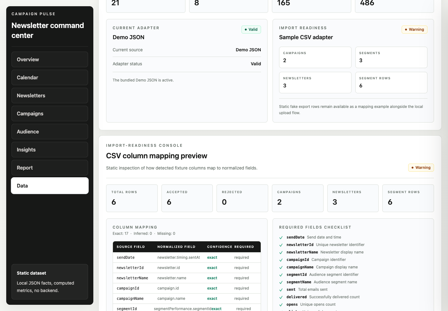 Mapeo de columnas in Campaign Pulse using synthetic demo data