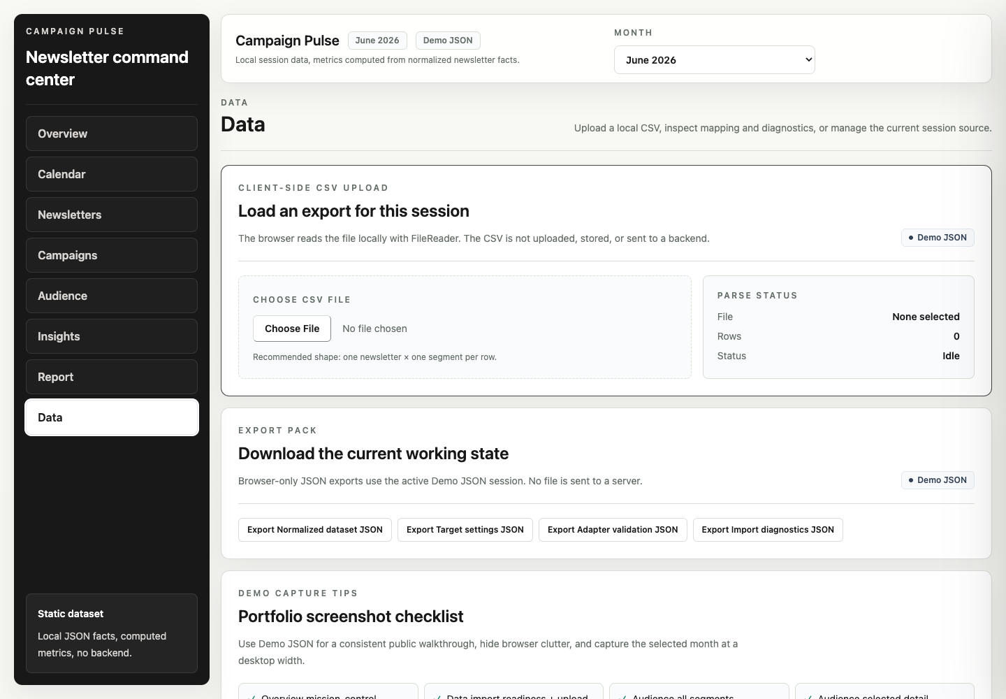 Consola de datos in Campaign Pulse using synthetic demo data