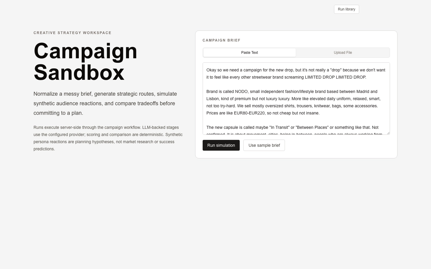 Campaign Sandbox brief intake screen
