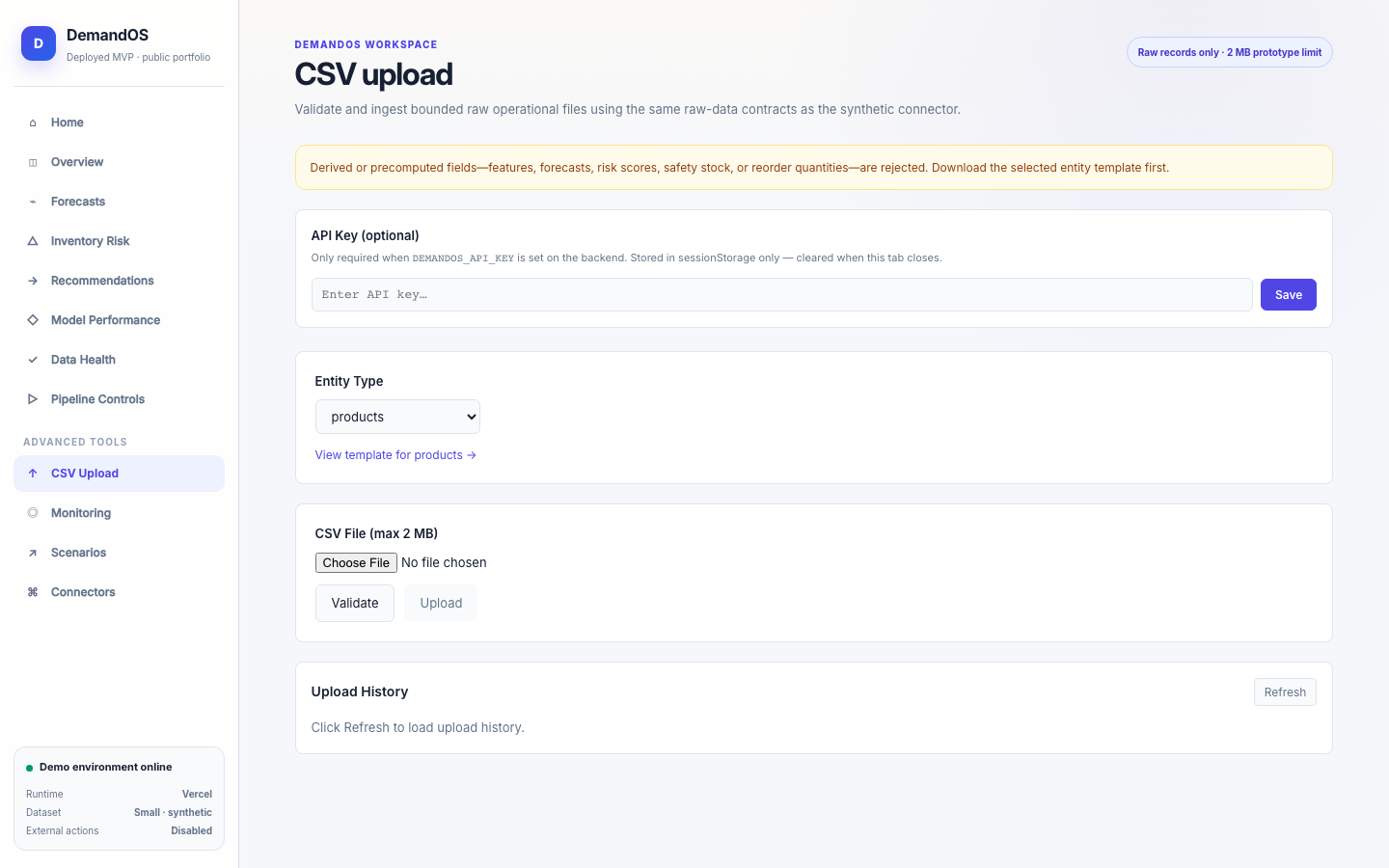 Pantalla de DemandOS: CSV Upload