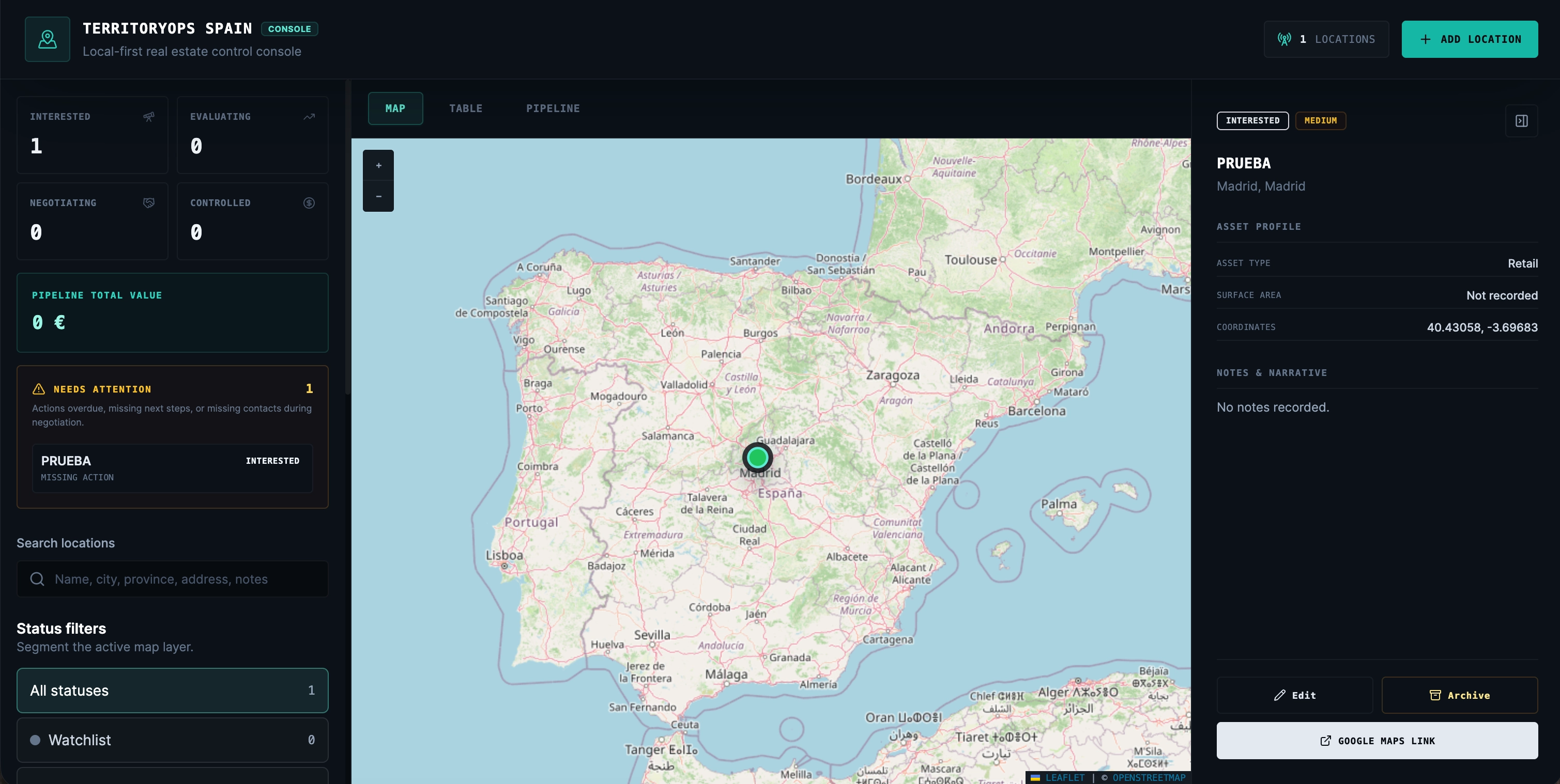 Interfaz de TerritoryOps Spain con mapa de ubicaciones, estado de oportunidades, filtros y dossier del activo.